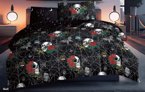 Charlotte Andersen Halloween Gothic Bedding Single Duvet Cover Set – Black Skulls and Roses Reversible Soft Bedding – Dark Aesthetic Bedroom Décor (Single)