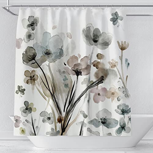 Flowers Shower Curtain Modern Floral Shower Curtains Set Cream White Grey Boho Botanical Farmhouse Fabric Shower Curtains Waterproof 72 X 72 Inches With 12 Pieces Hooks For Home Hotel Bathroom #TOP2