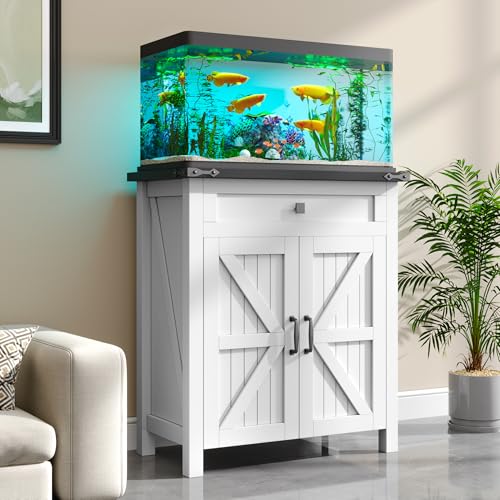 kepptory 20 Gallon Fish Tank Stand with Power Outlets, Farmhouse Decorative Aquarium Stand Furniture with Adjustable Shelves and Storage Cabinet, 10 Reptile Turtle Tank Stand (White, 20GL)