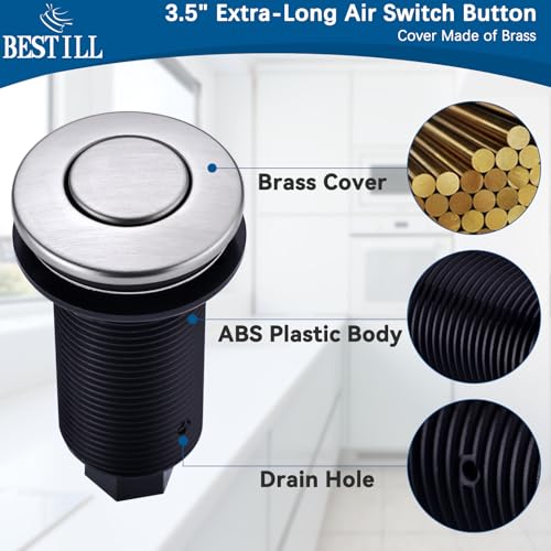 Image of BESTILL Garbage Disposal Air Switch Kit - UL Listed, Stainless Steel Brushed Nickel 3.6 inch Long Push Button for Waste Disposer, Cordless Sink Top Switch Button Compatible with all Garbage Disposals