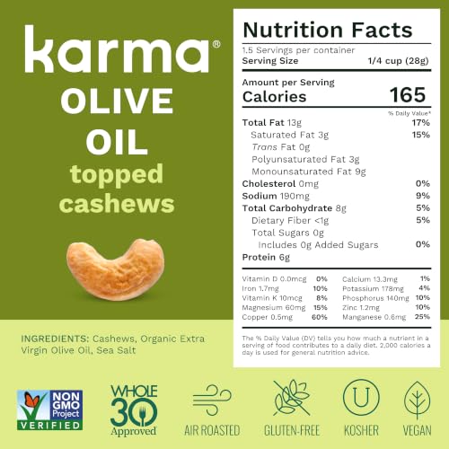 Image of Karma Nuts Olive Oil & Sea Salt Whole Cashews (1.5 oz, Pack of 12) - Roasted Cashews, Healthy Snacks for Adults - Gluten Free Vegan Snacks, Non GMO - Flavored Nuts, Low Carb Snack