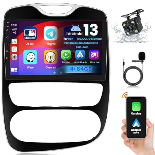 HXSQcar Android 13 Radio Stéréo pour S.A Clio 2013 2014 2015 2016 2017 2018 9 Pouces HD Tactile sans Fil Carplay Voiture Radio avec Android Auto RDS Bluetooth Caméra 8-Core 5G-WiFi [4G + 64G]