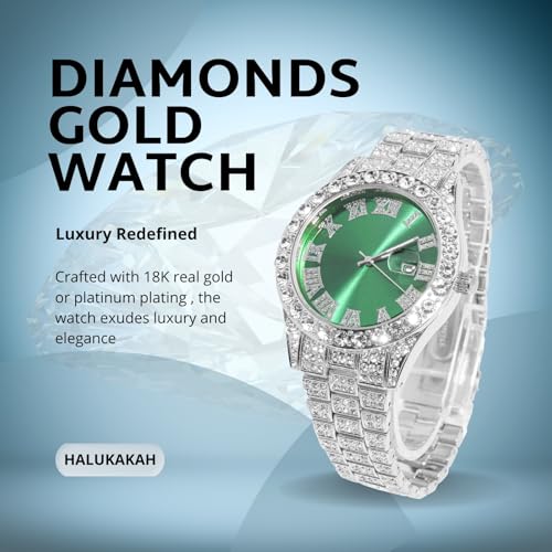 Image of Halukakah Diamonds Gold Watch Iced Out for Boy Teens Kids - 18K Real Gold /Platinum Plated,42mm Blue /Green /Red Dial,Japanese Quartz - 8 inch Length - Optional with Cuban Link Chain,with Watch Adjuster Tool