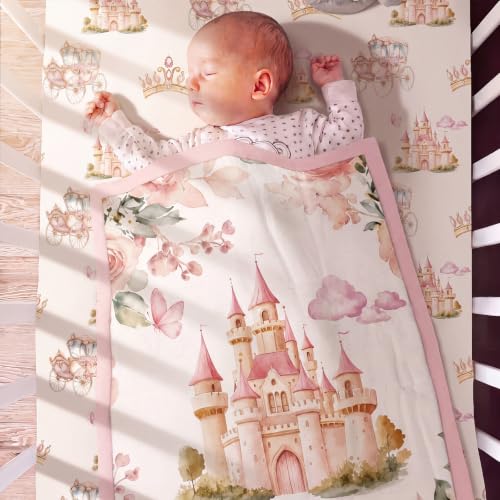 Image of Hahafelt 3 Pcs Princess Baby Crib Bedding Set Pink Enchanted Princess Theme Decor for Infant Bed with Watercolor Castle Carriage Design Print Includes Quilt, Fitted Sheet, Skirt for Baby Girl Gifts