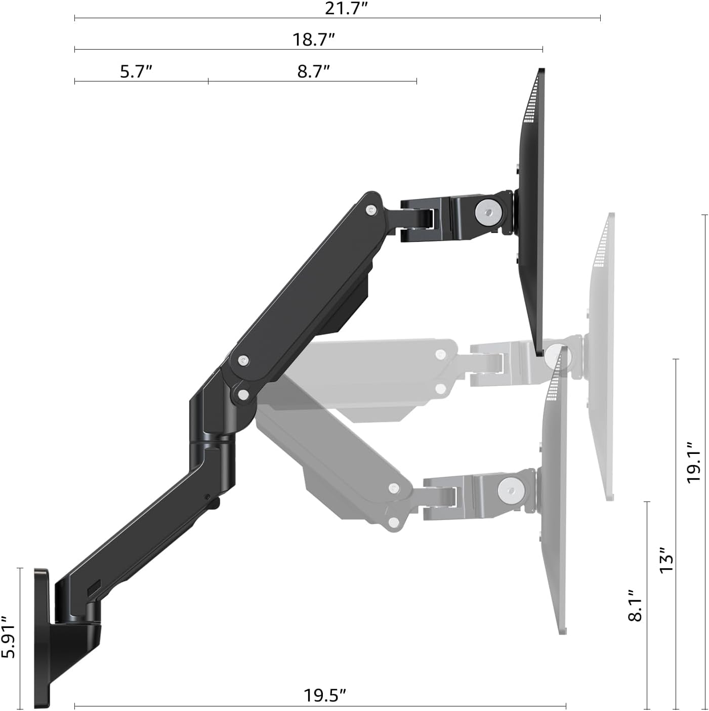 BEWISER Heavy Duty Monitor Arm Wall Mount for 34-57 Ultrawide Screen,Weight Capacity up to 44lbs,Ultrawide Monitor Arm Wall Mount,Black