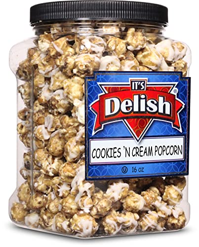Gourmet Cookies 'N Cream Popcorn By Its Delish, 16 Oz (1 Lb) Jumbo Container Bulk Popcorn – Festive Caramel Air Popped Sweet Crunchy White & Dark Drizzle Glazed Carmel Corn Snack, Parties - Dairy-Free, Kosher #TOP15