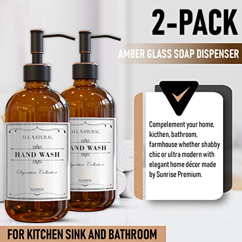 Image of Sunrise Premium 2 Pack Amber Glass Soap Dispenser 16 OZ with Oil Rubbed Bronze Stainless Steel Pump, Hand and Dish Soap Dispenser Set for Bathroom and Kitchen Sink with 6 Waterproof Labels