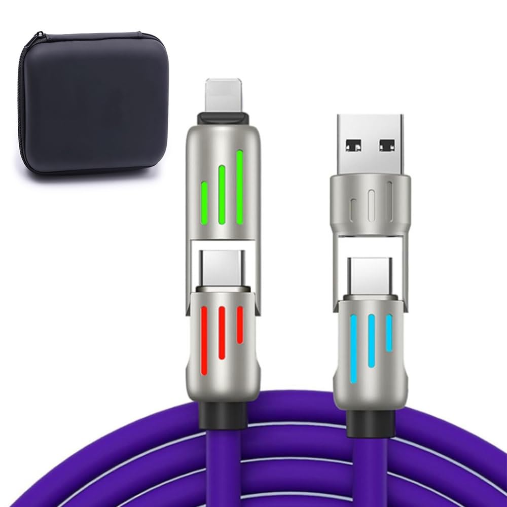 240w 4-in-1 USb-C Cable, PD 5A Fast Charging Cable & Data Sync with USB A,Type C & L,Multi Charger Cable with Breathing Light,4FT Fast Charging Cord for iPhone,Laptop Multi Device Charging (Violet)