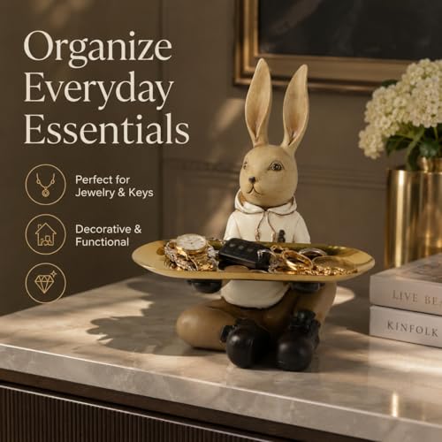 Image of ARMONIA Decorative Rabbit Tray Holder with Golden Tray | Multipurpose Premium Organizer in Matte Finish | Luxury Home Decor Accent for Living Room, Dining & Gifting