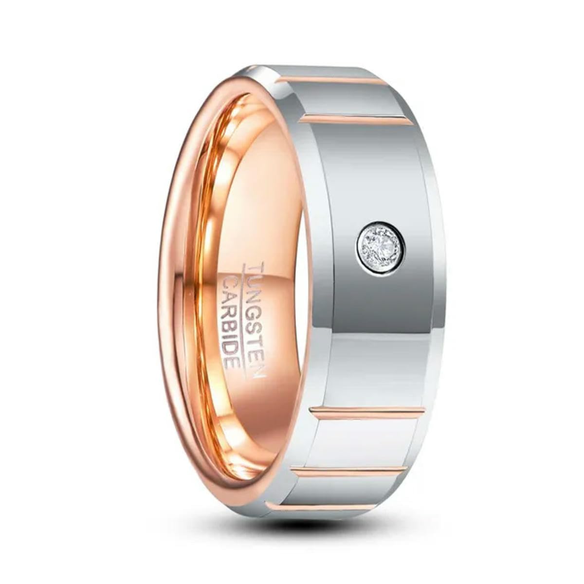 Anillo de Acero de carburo de tungsteno de 8 mm Cúpula Zricon Pulido Anillo de Ranura de Oro Rosa Horizontal para joyería de Boda para Hombres