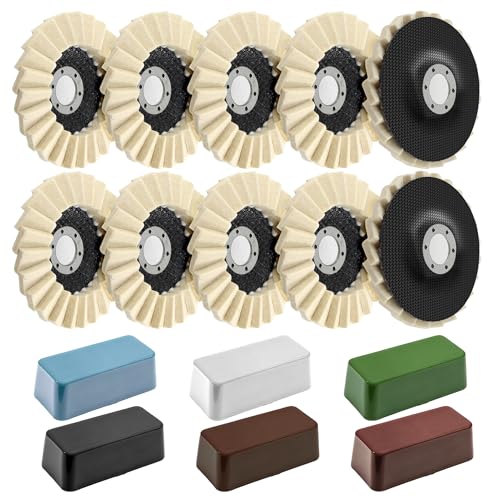 16Pcs Wool Felt Polishing Disc & Polishing Compound Kit 4-1/2 x 7/8 Buffing Polishing Wheels for Angle Grinder 10 Wool Felt Flap Disc and 6 Polishing Compound for Metal Wood Surface Buffing