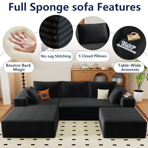 Image of 96 inch Modular Sectional Sofa with Ottoman, Modern Corduroy Cloud Couch with Deep Seat, Boneless Couch Upholstered 3-Seater U-Shaped Sofa for Living Room, No Assembly (Black, Left-Facing Chaise)