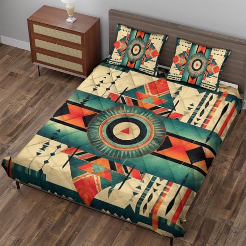 Elysia Bliss Quilted Bedding Set | Bright Colorful Vibrant Comforters | Aztec Mexican Patterns Bedspreads with Matching Pillowcase 90x100