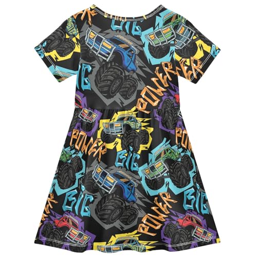 Girls Summer Dress Short Sleeve A Line Abstract Monster Truck Car Pattern Casual Dresses for Kids 2-8 Years2