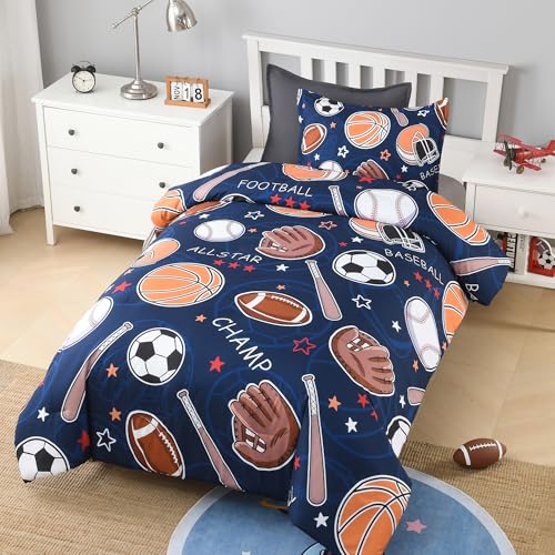 Image of Andency Soccer Basketball Baseball Football Comforter Set Twin(66 inchx90 inch), Sport Polyester Bedding Set for Boys Girls Kids Teens, Cartoon Ball Games Comforter 2 Pieces(1 Comforter, 1 Pillowcase)