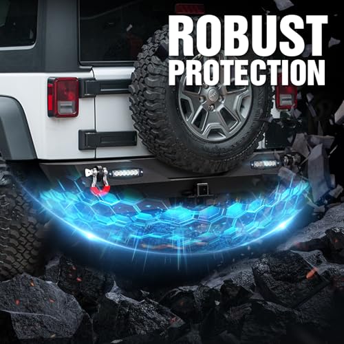Image of for Wrangler JK JKU Rear Bumper Compatible with 2007 2008 2009 2010 2011 2012 2013 2014 2015 2016 2017 2018 Jeep Wrangler JK JKU Unlimited 2 /4 Doors with 2 inch Hitch Receiver, D-Rings & LED Lights