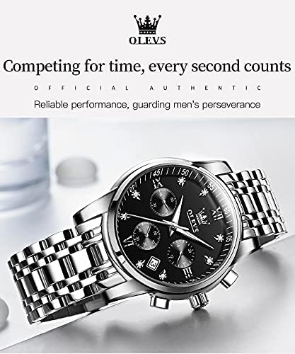 OLEVS Men Watches with Date Bussiness Watches for Male Luminous Quartz Mens Watches Waterproof with Stainless Steel Strap Stopwatch Timing Function (Silver Band Black dial) - Image 3
