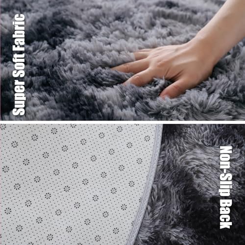 Tie-Dyed Black Fluffy Round Rug,Soft Area Rugs for Girls Room,Shaggy Rugs 6'X6' for Living Room,Non Slip Circle Rug for Kids Bedroom,Shag Plush Nursery Rug,Plush Carpet for Dorm,Cute Furry Room Decor