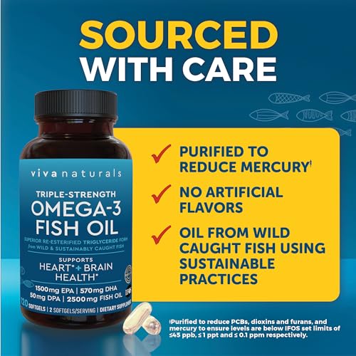 Image of Viva Naturals Omega 3 Fish Oil Supplement for Women and Men - 2500 mg Triple Strength Fish Oil per Serving with Omega 3 Fatty Acids Including EPA, DHA DPA - 120 Pescatarian-Friendly Softgels