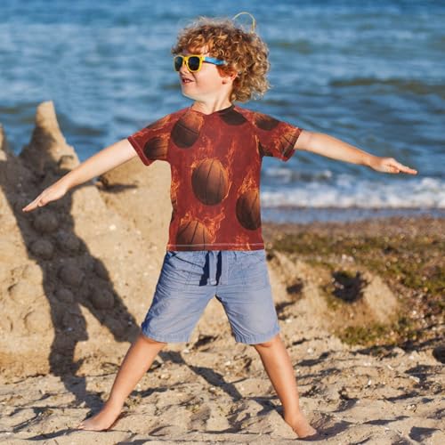 Boys Short Sleeve T-Shirts Basketball Fire Ball Rashguard Kids Swim Shirts Sun UPF 50+4