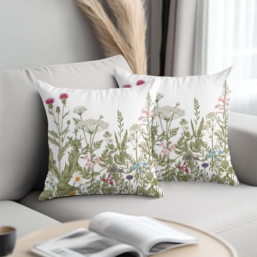 Vintage Wildflowers Pillow Covers 18x18 Set of 2, Floral Modern D...
