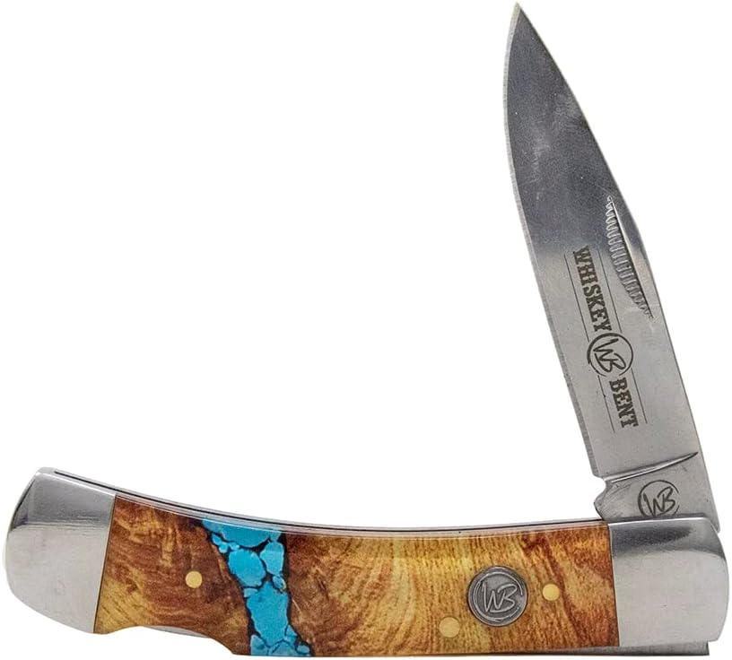 WHISKEY BENT HAT CO. Traditional Lock Blade Folding Pocket Knife 3.75" Closed Length 440C Stainless Steel Blade (Turquoise River)