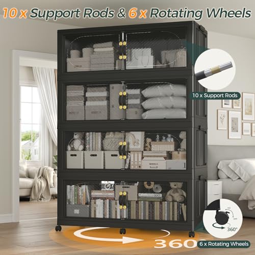 1280QT Extra Large Stackable Storage Bins with Lid & Wheels & Doors,320Gal Foldable Collapsible Closet Organizers, Plastic Cabinet Box Container Drawer for Home Kitchen Bedroom, 4Pack Black - Image 6