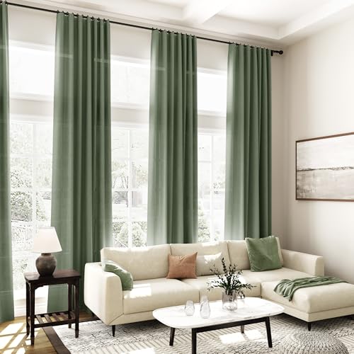 Image of Extra Long Curtains 2 Panels 102 Inches Long for Living Room Olive Green Back Tab Rod Pocket Light Filtering Semi Sheer Drapes Cotton Linen Textured Window Curtain 102 Inch Length for Bedroom 9 FT