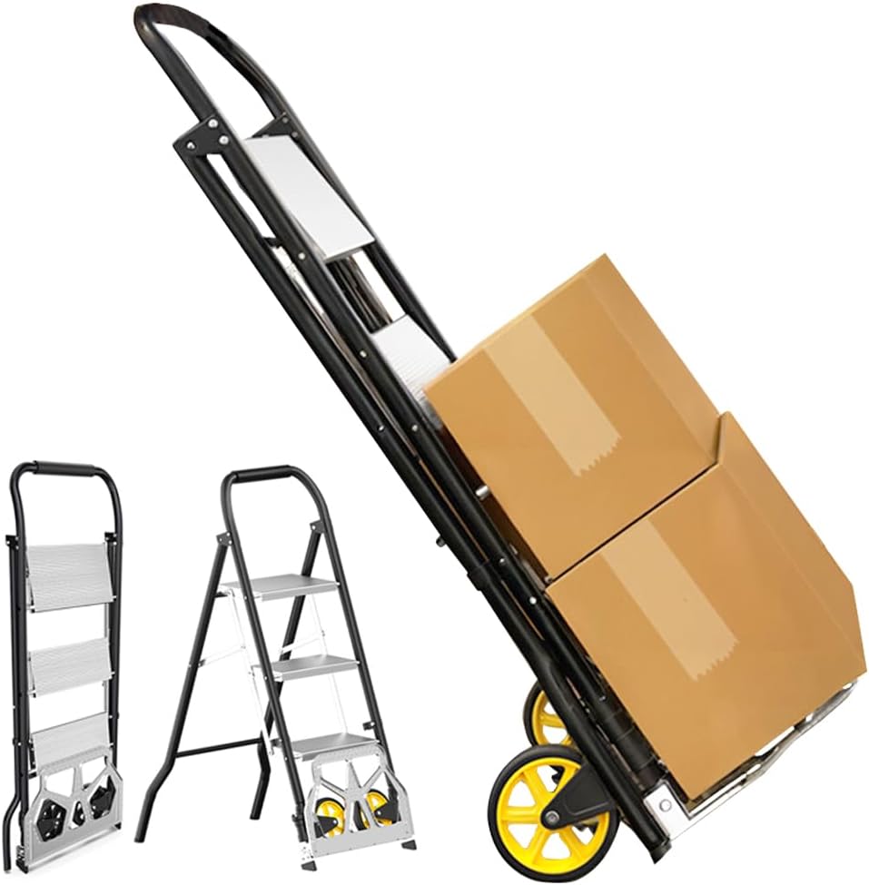 2 in 1 Folding Hand Truck & 3-Step Ladder, Portable Dolly Cart with Wheels, Heavy Duty Collapsible Trolly, Aluminum Luggage Cart for Moving Shopping Office, 550 lbs Capacity