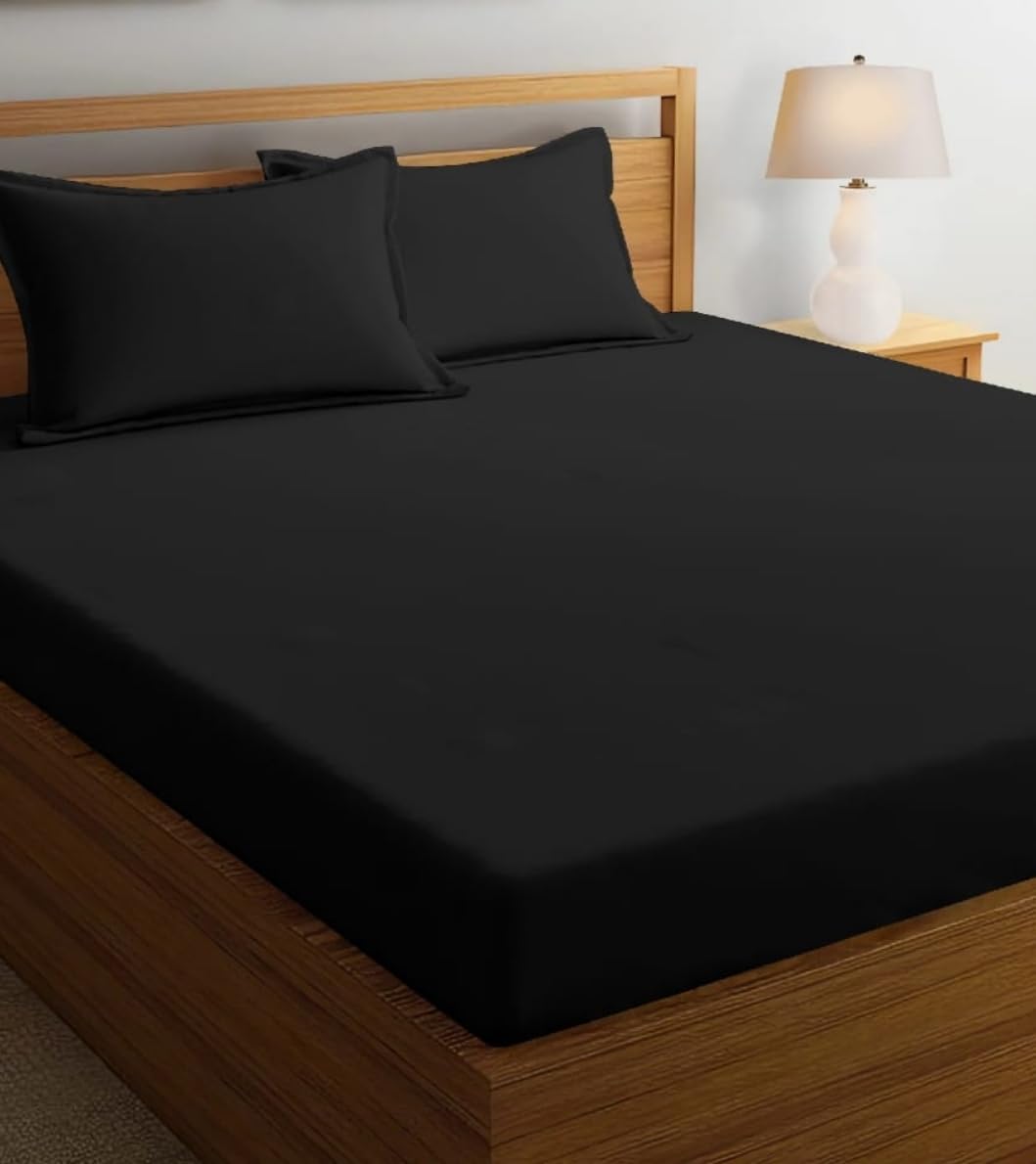 144 TC Solid Microfiber Double Bedsheet with 2 Pillow Covers Size 90x100 (Black)-image-3
