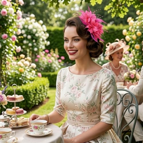 Image of DRESHOW Womens Fascinators Hats Tea Party Hats for Women Pearl Lace Feather Hat Vintage Derby Hats for Wedding Cocktail
