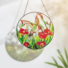 Hewory Hummingbirds Stained Glass Suncatcher Handmade Hummingbird Sun Catcher Indoor Window Decor Painted Glass Panels