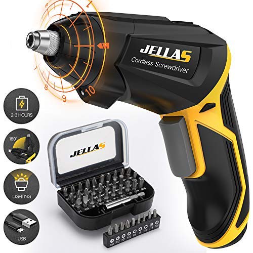 Electric Screwdriver, Jellas Fast Charging 2000mAh 3.6V Li-ion Cordless Screwdriver with Adjustable Handle and 10+1 Torque Gears, Self-Lock, LED Light, USB and 40PCS Accessorie