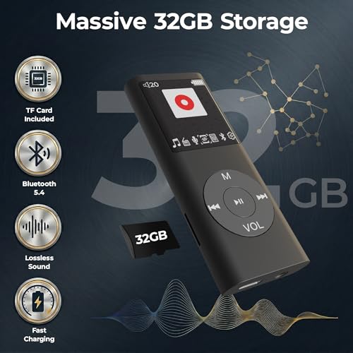 Image of ARVOX 32GB Mini MP3 Music Player with Bluetooth 5.4 & Voice Control Earphones, Video Playback,Pocket-Sized MP3 Player for Music,Voice Recording,FM Radio Expandable Up to 128GB Black