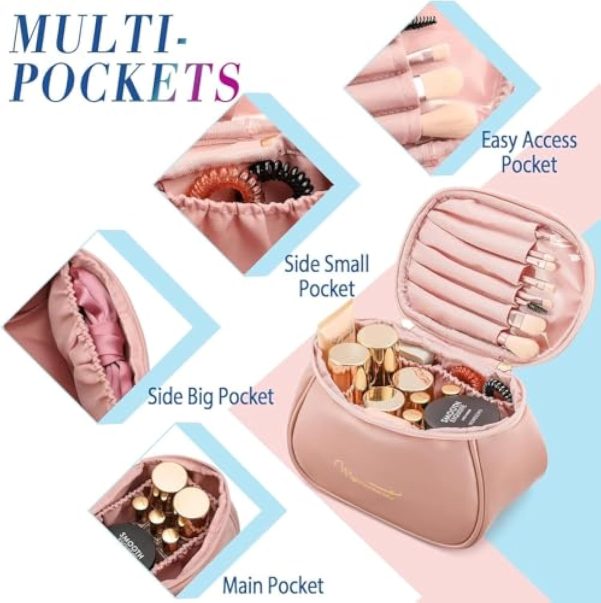 Luxury Pink Leather Travel Cosmetic Case with Multi-Pockets