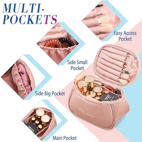 Image of Travel Makeup Bag for Women Large Cosmetic Organizer Case with Handle & Zipper, PU Leather Toiletry Storage Pouch Portable Vanity Bag for Makeup Accessories, Beauty Essentials and Travel Use