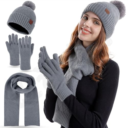 FUBABCO Wintermütze Schal Handschuhe Set Damen, Winter Warm Beanie Mütze Touchscreen Handschuhe und Lang Schal Set mit Fleecefutter Thermo Strickmütze Winterschal...