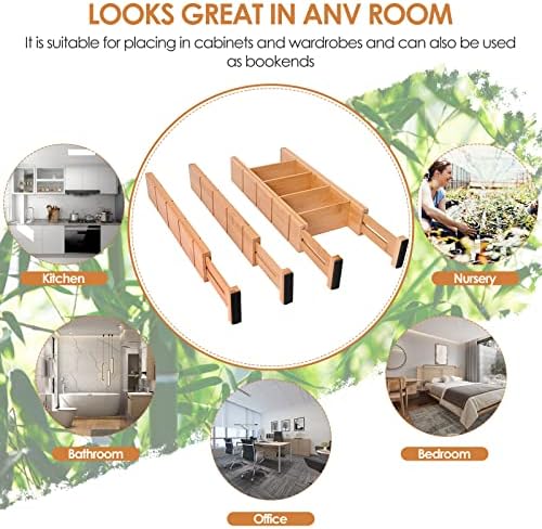 4PCS Bamboo Drawer Dividers Adjustable Drawer Organisers 13.39"-16.93" Spring Loaded Kitchen Utensil Organizer for Kitchen, Dresser, Bedroom, Bathroom and Office (4pcs Dividers+6pcs Baffle)