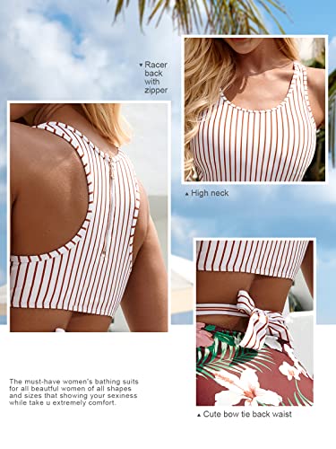 Molybell One Piece Swimsuits For Women High Waisted Bathing Suit Monokini Floral Print Cutout Racerback Zip Up Maroon Stripe -Small thumb #3