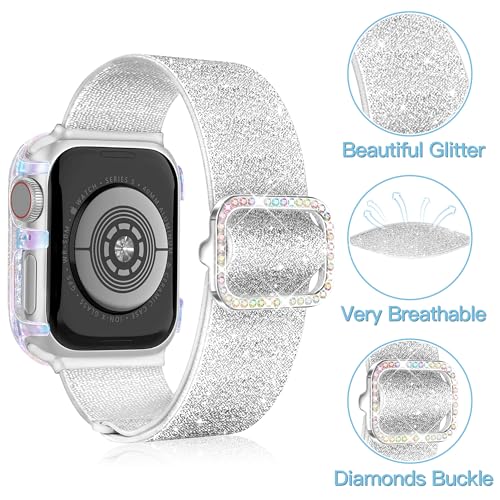 wipalor Bling Stretchy Band with Bling Case Fit Apple Watch Bands for Women 44mm, Elastic Sport Solo Loop iWatch Bands for Cute iPhone Watch Series 6 5 4 SE-Silver Nylon Band+Sparkly Silver Cover by wipalor - Used condition - Image 3