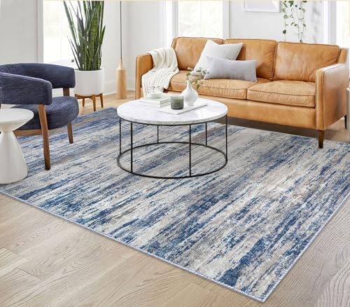 KOZYFLY Area Rug 6x9 Modern Ombre Thin Rugs for Living Room, Washable Large Rugs Non-Slip Soft Striped Rug for Bedroom, Print Distressed Grey-Blue Abstract Carpet for Laundry/Kid Room
