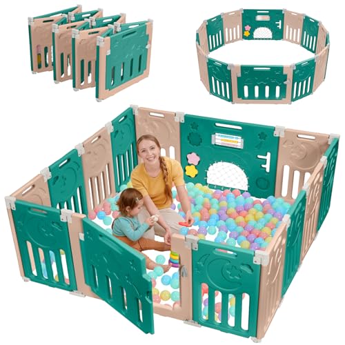 Image of Baby Playpen, Dripex Baby Playard for Babies and Toddlers, 14-Panel Foldable Playpen Adjustable Portable Play Area, Indoor/Outdoor Kids Active Center with Game Panel & Safety Gate, Green White