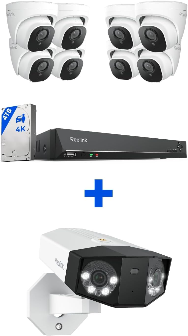 REOLINK 4K PoE Security Camera System, 8pcs Person/Vehicle Detection IP Cameras, 16CH NVR with 4TB HDD, Bundle with 1pcs 16MP Dual-Lens Duo 3 PoE