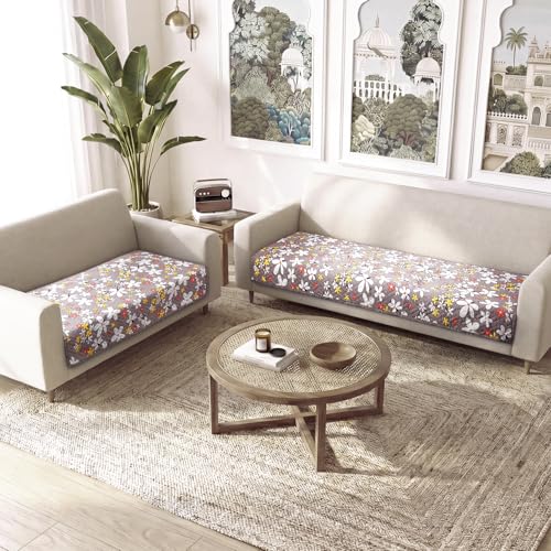Image of HOKIPO 'Homehues Series' Printed Quilted 5 Seater Sofa Cover Set - Washable 3+2 Sofa Cover Mat | Pastel Brown Sandwort Flower (IN-807 + IN-809 - D1)