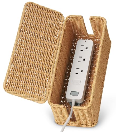 Handmade Cable Management Box, Imitation Rattan Cord Organizer Box, Cord Hider Box, Cable Organizer Box for Desk, Cord Management Box to Hide Cords and Power Strip, 12.5