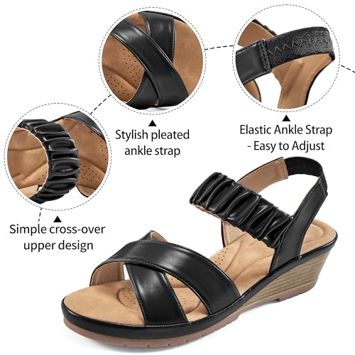 Almusen Womens Wedge Sandals Dressy: Comfortable Elastic Ankle Strap Summer Low Heel Work Sandals for Women 2025 Fashion Wedding Shoes3