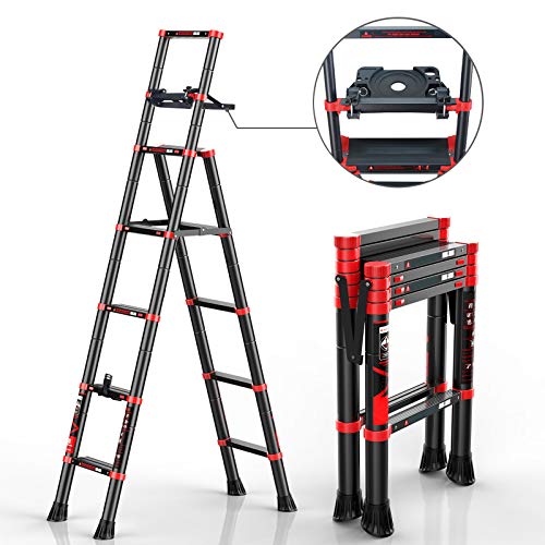 charaHOME Telescoping Ladder A-Frame Aluminum Extension Ladder Lightweight Portable Multi-Purpose Folding Ladder with Detachable Tool Tray, 330 Pound Load Capacity