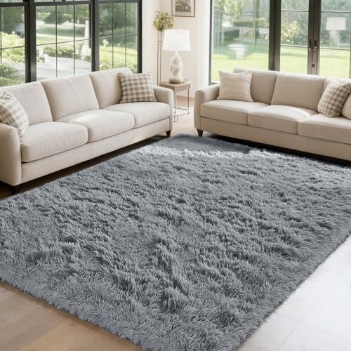 Fluffy Rug Shaggy Area Rug, Grey 5x8 Area Rugs for Bedroom, Small Bedside Rug, Soft Fluffy Shaggy Entryway Throw Rugs for Living Room Bedroom Kids Room Home Decor