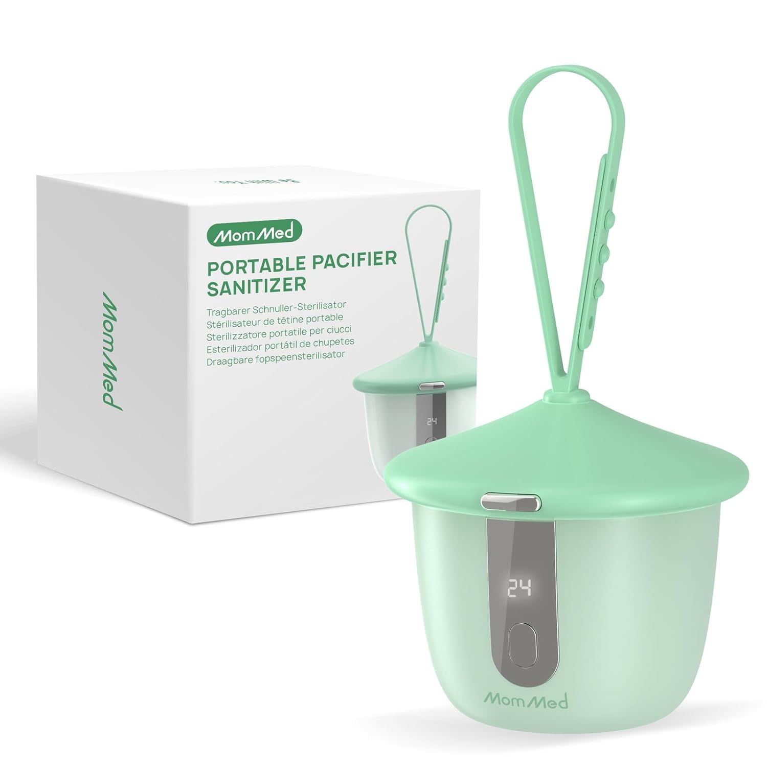 MOMMED Stérilisateur Tétine Portable UV-C, Boîte Stérilisatrice Tétine Bébé avec 6 LED, Nettoyage Rapide en 1 Minute, Rechargeable USB-C, Étui Tétine avec Écran Intelligent pour Maison et Voyage, Vert