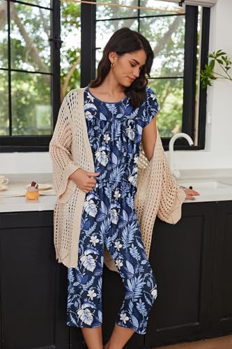 Image of Ekouaer Womens Pajama Set Short Sleeve Sleepwear Pleated Floral Pjs Set Capri Pants Lounge Sets with Pockets S-XXL